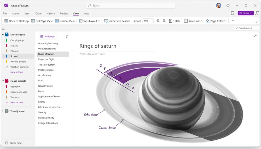 Interface do Onenote, o aplicativo de anotações da Microsoft.