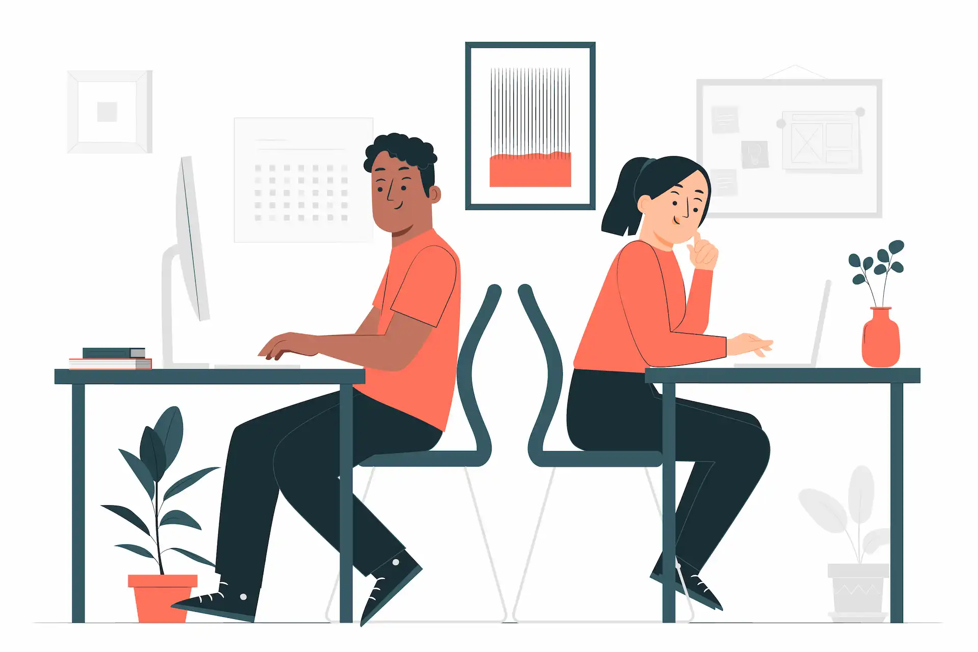 Ilustração mostrando um homem e uma mulher sentados. Ambos estão trabalhando em seus computadores, cada um em sua mesa.