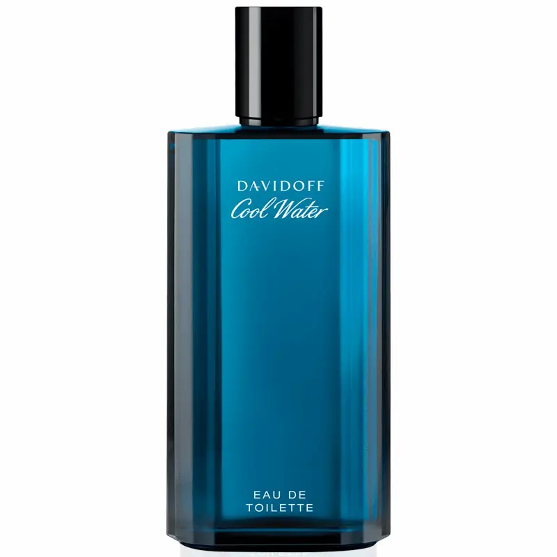 Frasco do Cool Water de Davidoff. Um clássico da perfumaria, e uma ótima opção para quem busca perfumes masculinos bons e baratos.