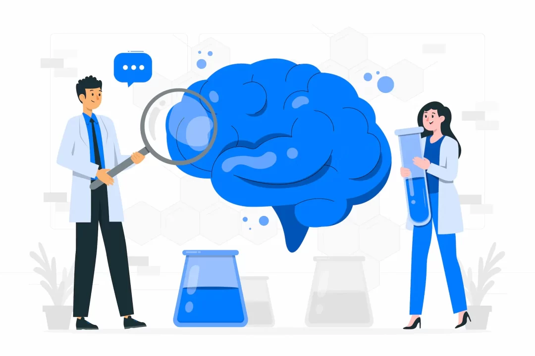 Ilustração mostrando dois cientistas, um homem e uma mulher, analisando um cérebro.