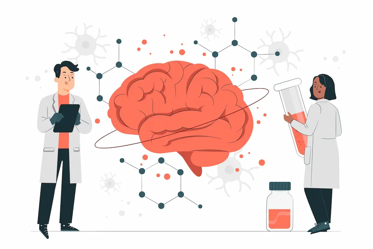 Ilustração mostrando dois cientistas analisando moléculas em um cérebro.