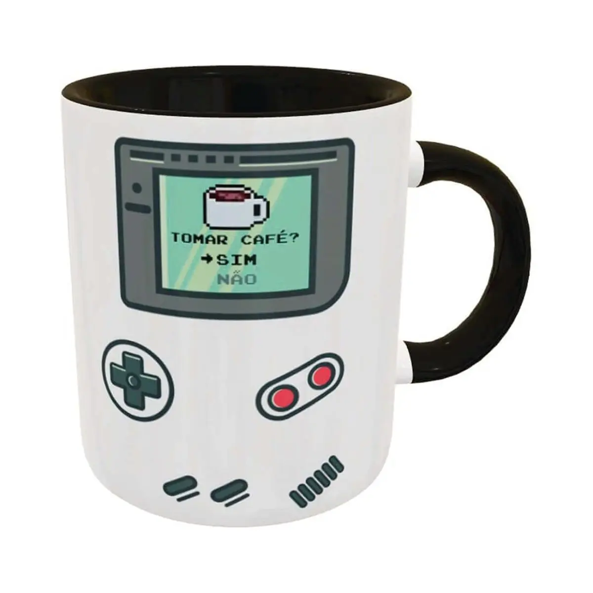 Caneca com desenho inspirado no Game Boy.