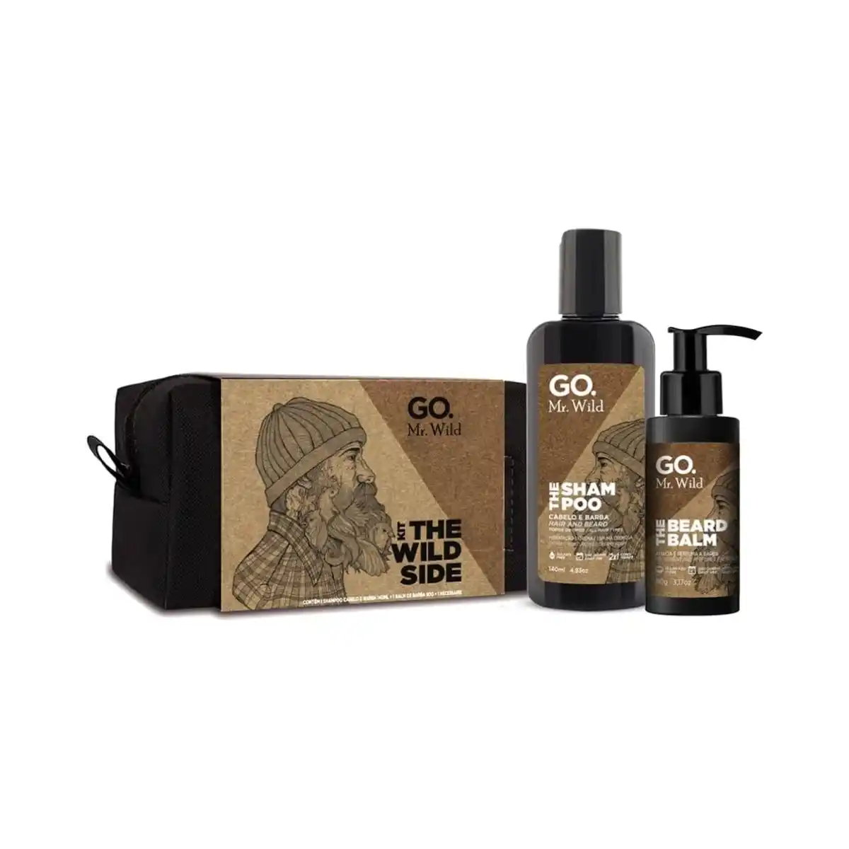 Kit para barba Mr. Wild, da Go. Com necessaire, shampo e balm para barba, é uma ótima opção de presente barato para dar pro namorado.