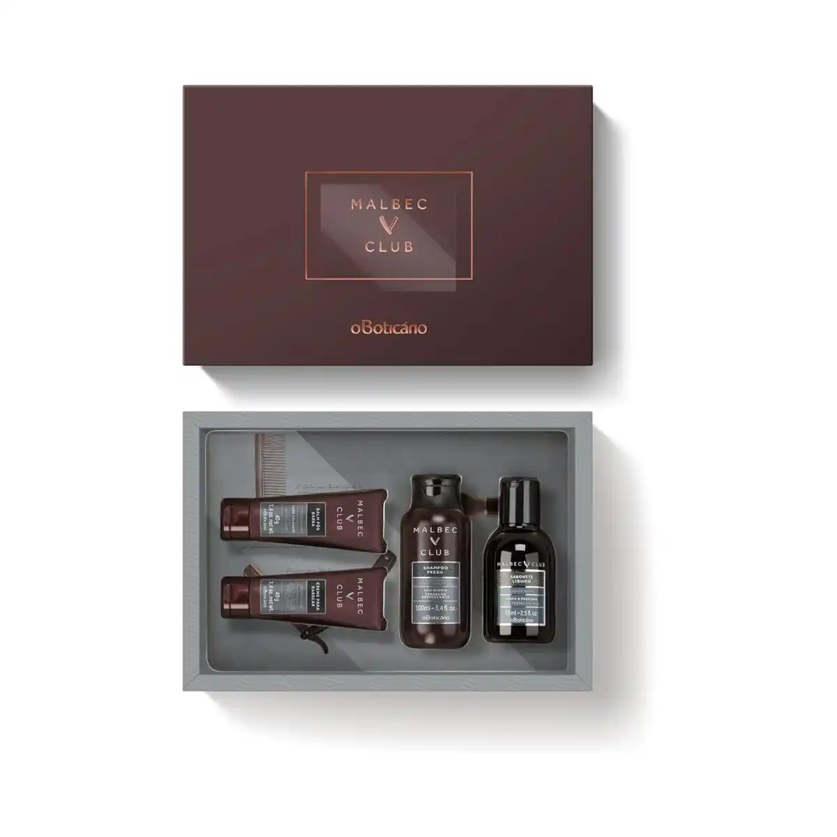 Kit Malbec CLub, contendo xampu, sabonete líquido, creme de barbear e pós-barba. Ideias de presentes para homens que se importam com a aparência.